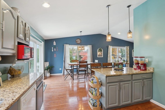 9997 W Paddock Ave, Beach Park, IL 60087 - kitchen featuring gray cabinetry, lofted ceiling, light wood-style floors, healthy amount of natural light, and recessed lighting