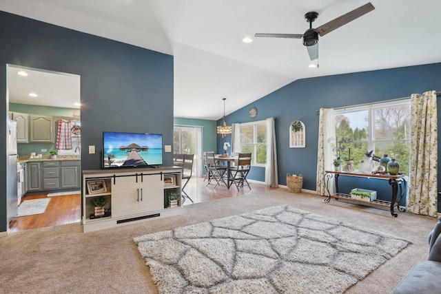 9997 W Paddock Ave, Beach Park, IL 60087 - living area with light carpet, vaulted ceiling, a ceiling fan, and recessed lighting