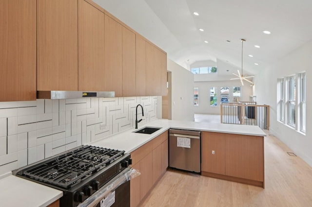 7930 S Kenwood Ave, Chicago, IL 60619 - kitchen with appliances with stainless steel finishes, a peninsula, modern cabinets, backsplash, and lofted ceiling