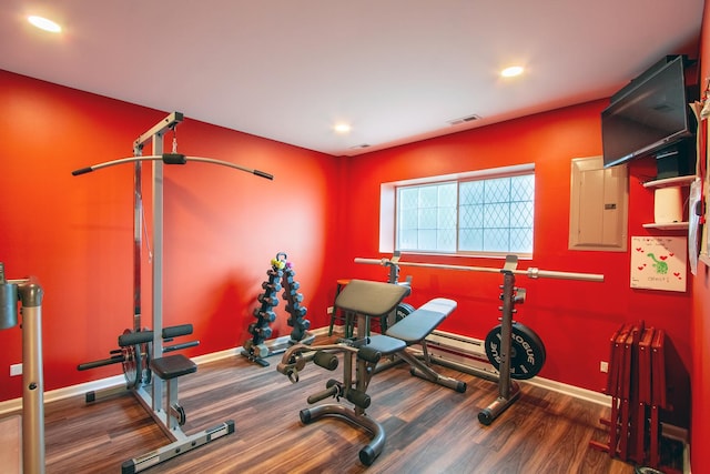 1670 Windward Dr, Pingree Grove, IL 60140 - exercise area with electric panel, recessed lighting, and wood finished floors