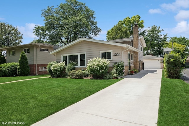 1308 Hoffman Ave, Park Ridge, IL 60068 - view of front of house with brick siding, a chimney, a front yard, an outbuilding, and a garage