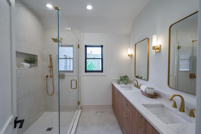 1332 N Leavitt St, Chicago, IL 60622 - bathroom with a shower stall, double vanity, and marble finish floors