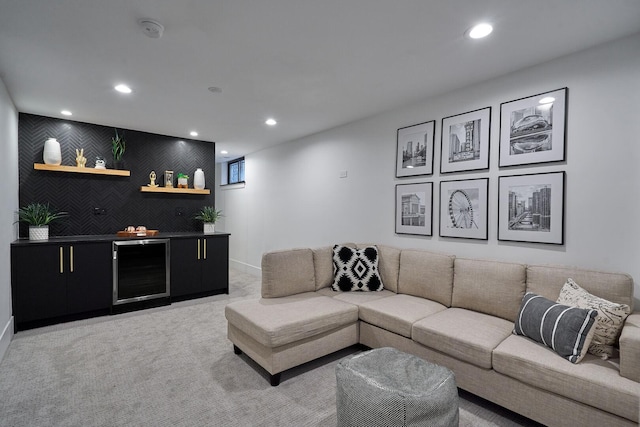 1332 N Leavitt St, Chicago, IL 60622 - living area featuring wine cooler, bar area, recessed lighting, and light carpet