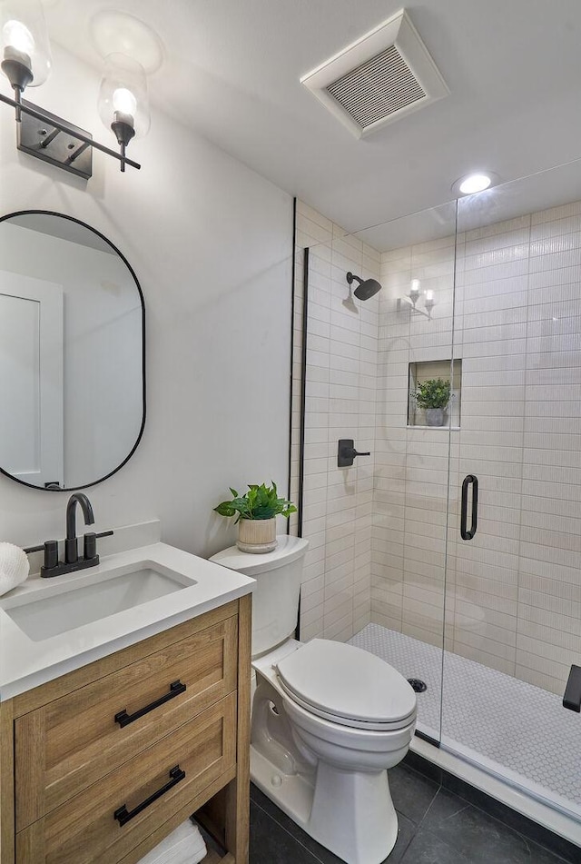 1332 N Leavitt St, Chicago, IL 60622 - bathroom featuring tile patterned floors, vanity, a shower stall, and recessed lighting