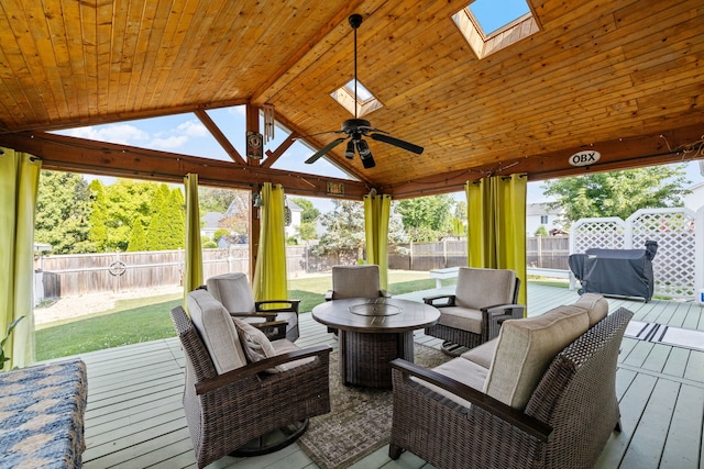 2706 Steamboat Cir, Plainfield, IL 60586 - sunroom with a skylight, outdoor lounge area, a ceiling fan, and lofted ceiling