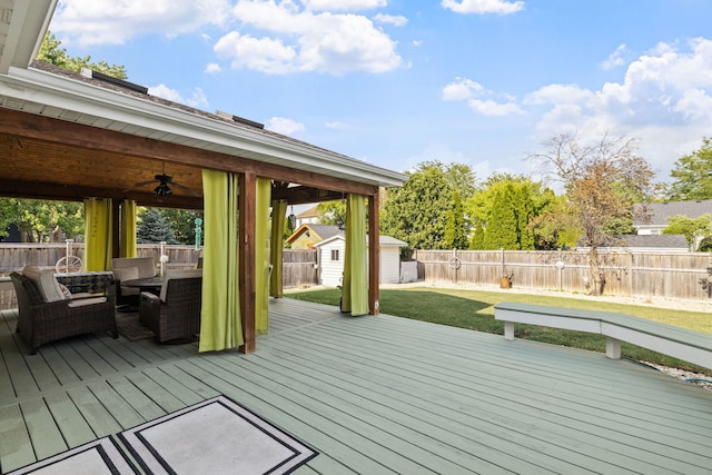 2706 Steamboat Cir, Plainfield, IL 60586 - wooden deck with a storage shed, ceiling fan, and a fenced backyard