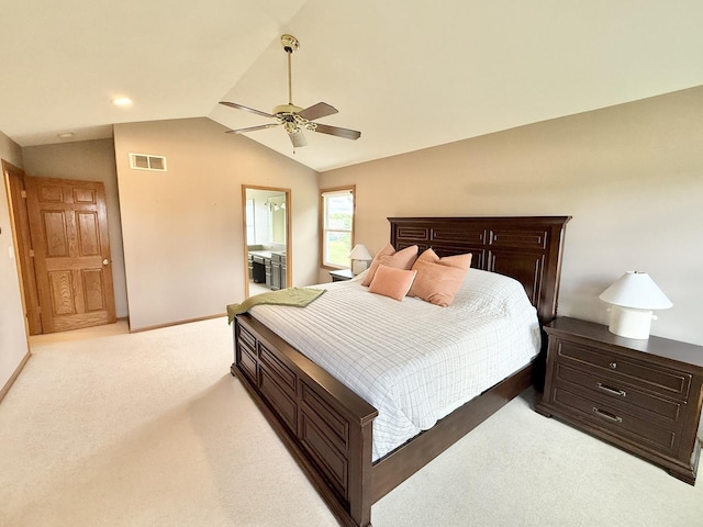 5448 S Branch Ct, Rochelle, IL 61068 - bedroom with light colored carpet, vaulted ceiling, and ceiling fan