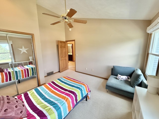 5448 S Branch Ct, Rochelle, IL 61068 - carpeted bedroom with ceiling fan, a closet, and high vaulted ceiling