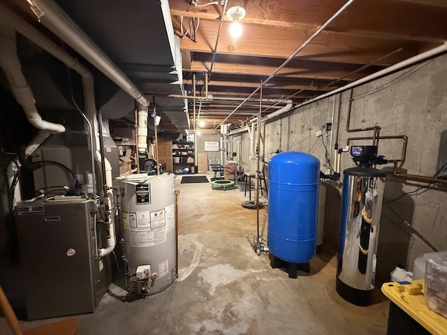 5448 S Branch Ct, Rochelle, IL 61068 - unfinished basement with water heater, a water pressure tank, a water softener, and heating unit