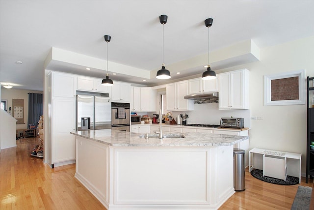 1215 W 33rd St, Chicago, IL 60608 - kitchen with under cabinet range hood, stainless steel appliances, light wood-style flooring, white cabinets, and an island with sink
