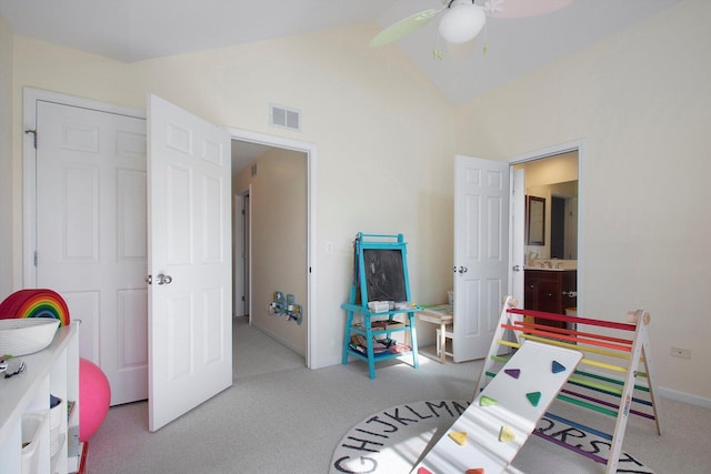 1215 W 33rd St, Chicago, IL 60608 - bedroom featuring vaulted ceiling, carpet, and a ceiling fan