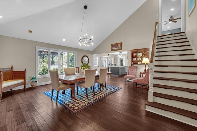 207 Hamilton Ave, Frankfort, IL 60423 - dining space with a chandelier, stairway, high vaulted ceiling, dark wood-style flooring, and recessed lighting