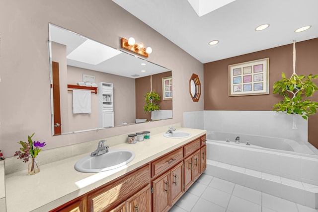 207 Hamilton Ave, Frankfort, IL 60423 - bathroom featuring double vanity, a bath, tile patterned floors, a skylight, and recessed lighting