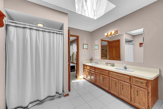 207 Hamilton Ave, Frankfort, IL 60423 - full bathroom with a skylight, double vanity, tile patterned floors, and a shower with shower curtain