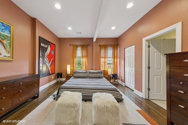 4229 S Prairie Ave, Chicago, IL 60653 - bedroom featuring dark wood-style flooring, beamed ceiling, and recessed lighting