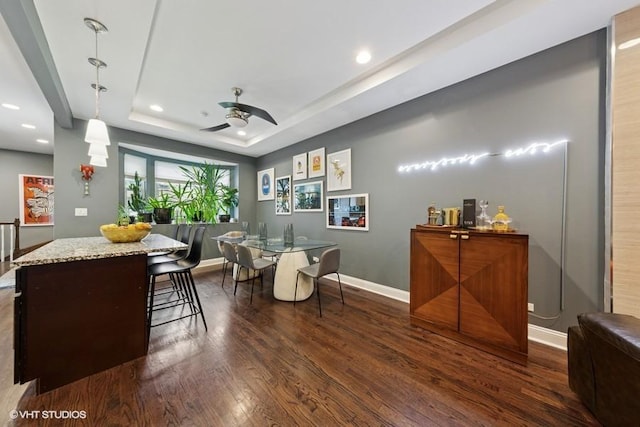 4229 S Prairie Ave, Chicago, IL 60653 - dining room with dark wood-style flooring, a ceiling fan, a tray ceiling, and recessed lighting