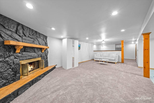 92 Neil Rd, Sugar Grove, IL 60554 - unfurnished living room featuring recessed lighting, a stone fireplace, and carpet floors