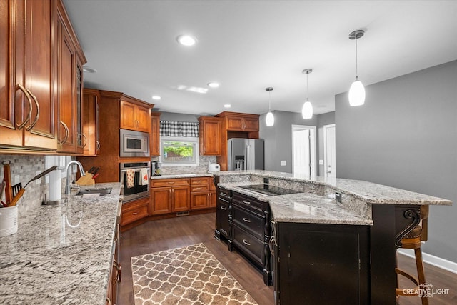 92 Neil Rd, Sugar Grove, IL 60554 - kitchen with appliances with stainless steel finishes, dark wood-style floors, brown cabinets, decorative backsplash, and recessed lighting