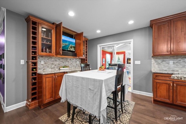 92 Neil Rd, Sugar Grove, IL 60554 - kitchen featuring decorative backsplash, dark wood finished floors, light stone countertops, and recessed lighting