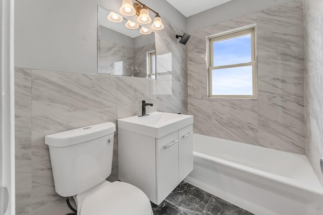 10026 S Spaulding Ave, Evergreen Park, IL 60805 - bathroom featuring tile walls, vanity, marble finish floors, and shower / tub combination