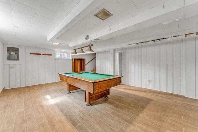 10026 S Spaulding Ave, Evergreen Park, IL 60805 - playroom with light wood finished floors, billiards table, wooden walls, and electric panel