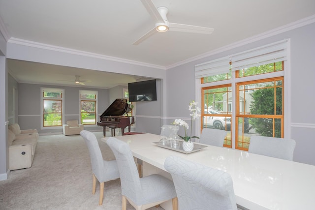 115 E Woodlawn Rd, New Lenox, IL 60451 - dining space featuring a ceiling fan, crown molding, light colored carpet, and plenty of natural light
