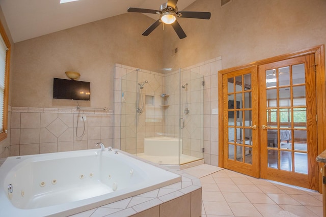 115 E Woodlawn Rd, New Lenox, IL 60451 - bathroom with french doors, a stall shower, a tub with jets, tile patterned flooring, and ceiling fan