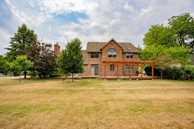 115 E Woodlawn Rd, New Lenox, IL 60451 - back of house with a pergola, brick siding, a deck, a yard, and roof with shingles