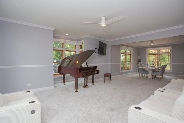 115 E Woodlawn Rd, New Lenox, IL 60451 - living area featuring a ceiling fan, crown molding, carpet floors, and plenty of natural light