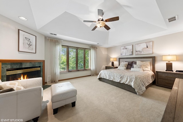11522 Ridgewood Ln, Burr Ridge, IL 60527 - carpeted bedroom with a fireplace, recessed lighting, a raised ceiling, and ceiling fan