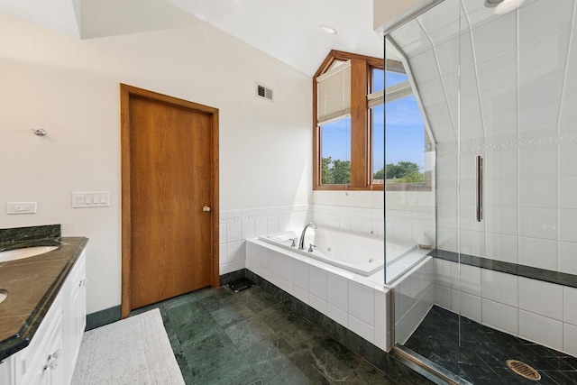 11522 Ridgewood Ln, Burr Ridge, IL 60527 - bathroom with a stall shower, a tub with jets, double vanity, and vaulted ceiling