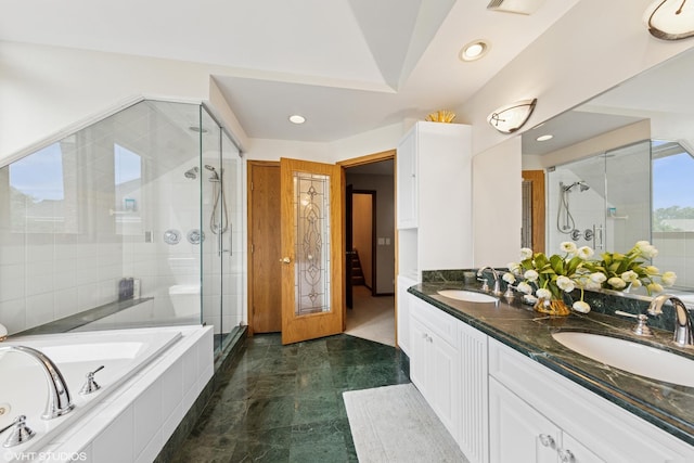 11522 Ridgewood Ln, Burr Ridge, IL 60527 - full bath with a shower stall, double vanity, a garden tub, and recessed lighting
