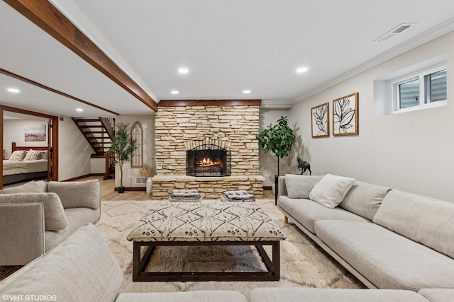 11522 Ridgewood Ln, Burr Ridge, IL 60527 - living room with ornamental molding, stairway, recessed lighting, light wood-style floors, and a stone fireplace