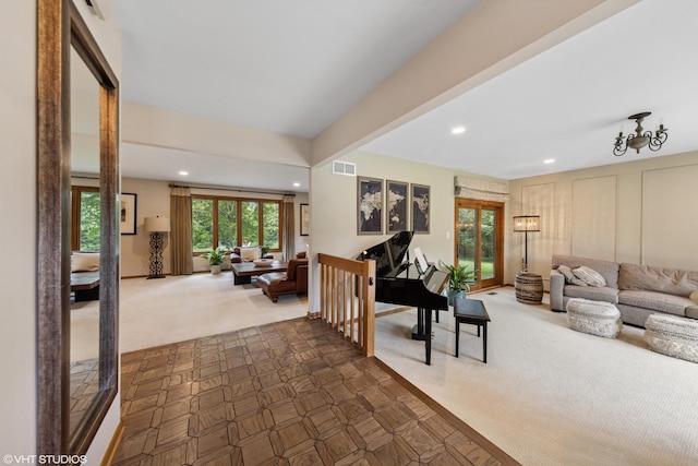 11522 Ridgewood Ln, Burr Ridge, IL 60527 - living room featuring dark carpet and recessed lighting