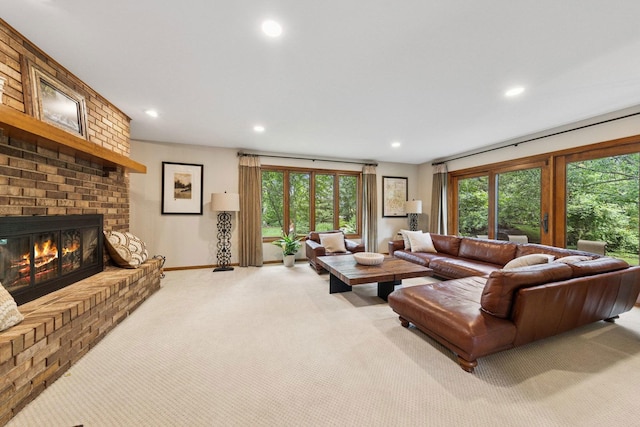 11522 Ridgewood Ln, Burr Ridge, IL 60527 - living area featuring light carpet, recessed lighting, and a brick fireplace