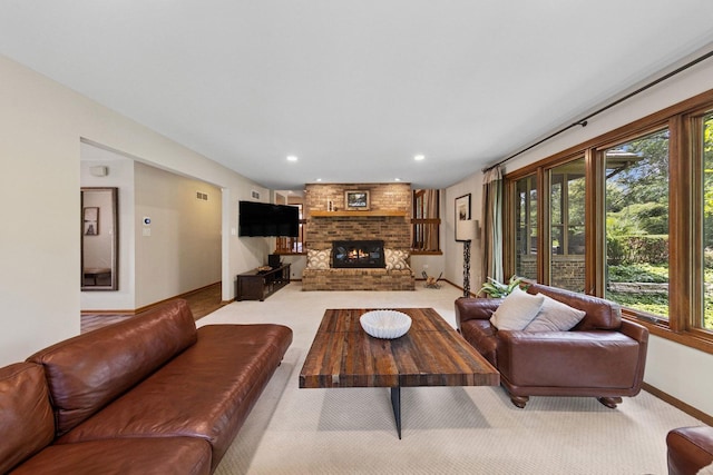 11522 Ridgewood Ln, Burr Ridge, IL 60527 - living area with carpet flooring, a brick fireplace, and recessed lighting