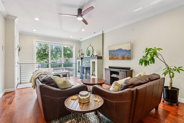1431 N Artesian Ave Unit 1, Chicago, IL 60622 - living area featuring a ceiling fan, wood finished floors, ornamental molding, recessed lighting, and a fireplace