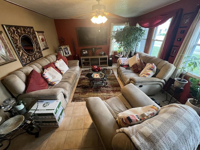 201 S Roy Ave, Northlake, IL 60164 - living room with tile patterned floors, a ceiling fan, plenty of natural light, and lofted ceiling