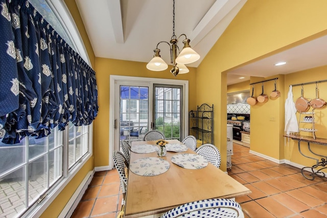 1667 Sunnyside Ave, Highland Park, IL 60035 - tiled dining space with vaulted ceiling, a baseboard radiator, and a chandelier
