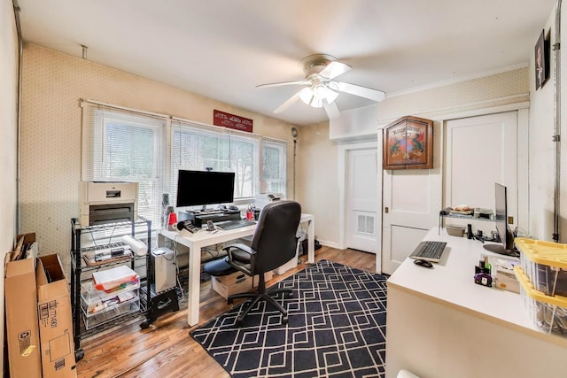 1667 Sunnyside Ave, Highland Park, IL 60035 - office featuring a ceiling fan, wood finished floors, and wallpapered walls