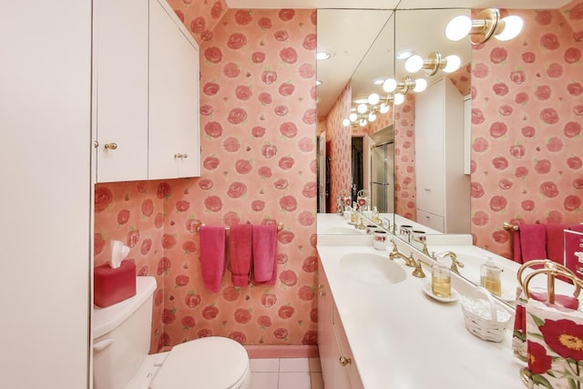 1667 Sunnyside Ave, Highland Park, IL 60035 - full bath featuring wallpapered walls, vanity, tile patterned floors, and an enclosed shower
