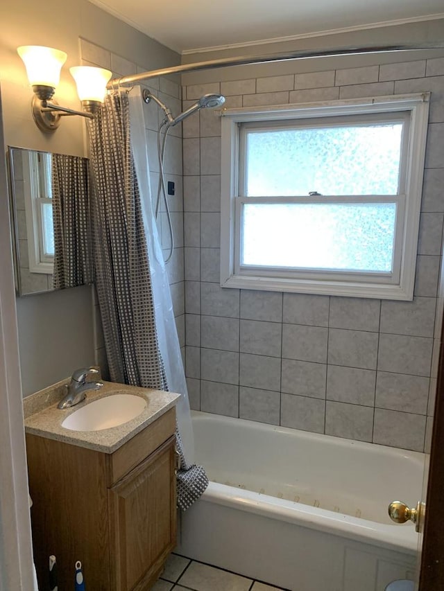 2605 Park St, Rolling Meadows, IL 60008 - bathroom featuring crown molding, vanity, shower / bath combo, and tile patterned flooring
