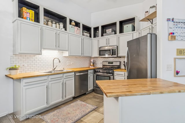 1336 Mcdowell Rd Unit 201, Naperville, IL 60563 - kitchen with butcher block counters, stainless steel appliances, open shelves, and decorative backsplash