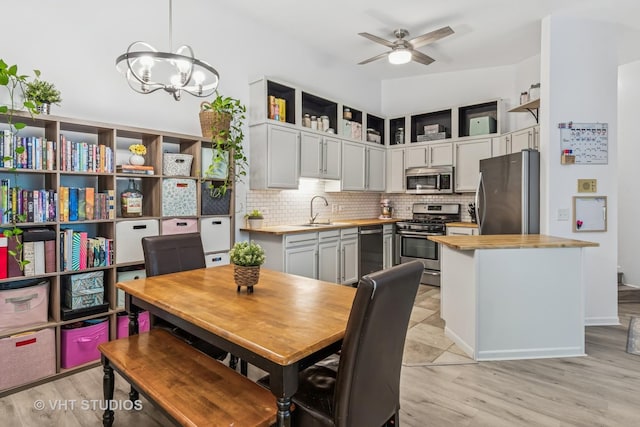 1336 Mcdowell Rd Unit 201, Naperville, IL 60563 - kitchen with stainless steel appliances, butcher block counters, a ceiling fan, backsplash, and light wood finished floors