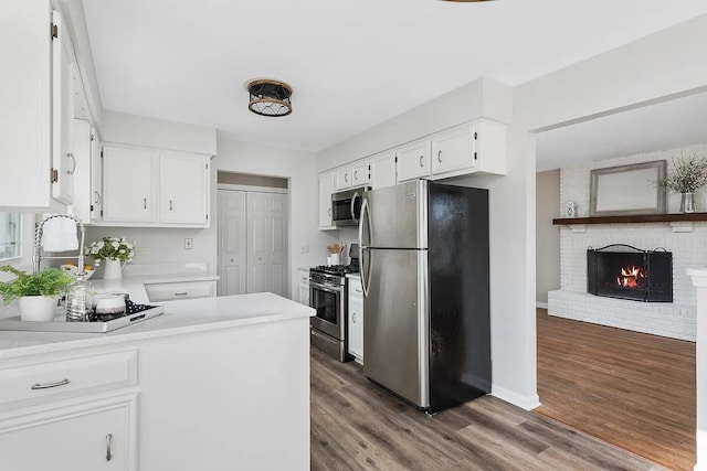 1168 Banbury Cir, Naperville, IL 60540 - kitchen featuring stainless steel appliances, white cabinets, light countertops, dark wood-style floors, and a fireplace