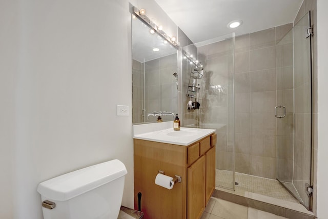 1151 W 14th Pl Unit 238, Chicago, IL 60608 - full bath featuring vanity, a shower stall, tile patterned flooring, and recessed lighting