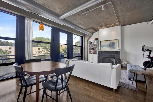 1151 W 14th Pl Unit 238, Chicago, IL 60608 - dining area with track lighting, a fireplace, and dark wood-style flooring