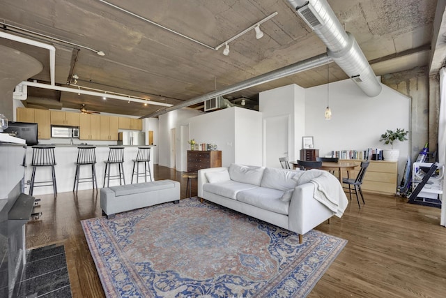 1151 W 14th Pl Unit 238, Chicago, IL 60608 - living area featuring rail lighting, wood finished floors, and a ceiling fan