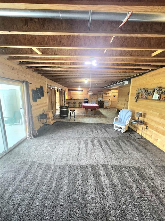 7227 Hawthorne Rdg, Roscoe, IL 61073 - basement featuring carpet flooring, wood walls, and pool table