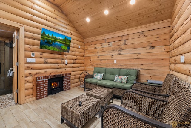 8019 S Malta Rd, Dekalb, IL 60115 - living room featuring wood ceiling, wood finished floors, lofted ceiling, log walls, and an outdoor brick fireplace